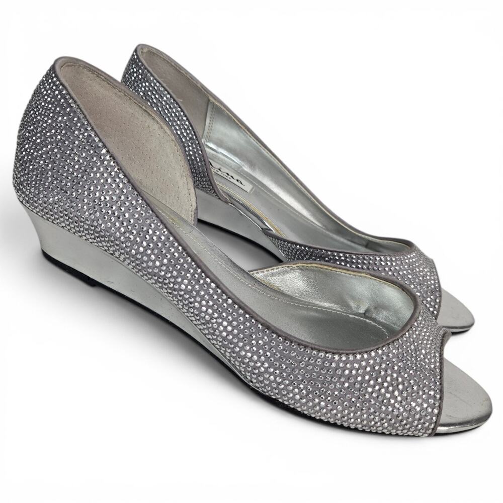 Nina Rossie Gray Silver Rhinestone D'Orsay Wedges Size 6 Peep Toe Pumps